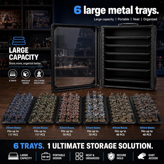 Miniature Carrying Case for Wargame Figures, Mini Display Case, X-Large | Aluminum Alloy, 6 Metal Trays, Combination Lock, Shoulder Strap, Storage Case for Collectibles, Tabletop Figure
