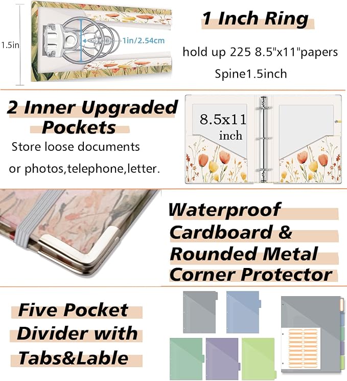 3 Ring 1 Inch Binder Organizer, BVSSX Three Ring Binders with Clipboard, 5-Tabs Pockets Dividers, Plastic Folder, 18 Divider Stikers,Pen Loop (Weeds, Letter Size)