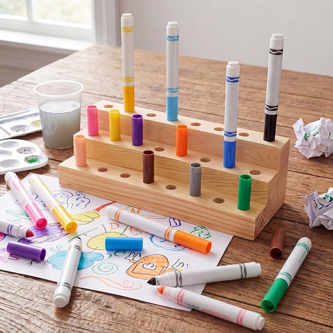 Cinnvoice Wooden Marker Stand Marker Pen Holder Storage Organizer for Classroom Display Stand Paint Brush Holder for Organization Storage Supplies (24 Holes)