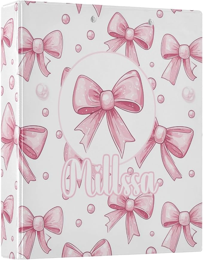 Pink Bows 4 3 Ring Binder with Clipboard Round Ring Binders Name Custom Binder 3 Interior Clear Pockets for Office Supplies 1 Pack