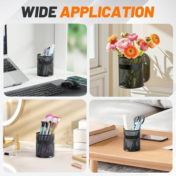 Segarty 6 Pack Black Steel Mesh Pen Cups Desk Pen Pencil Holder, Round Pen Container Pencil Cups Desk Organizers for Home Office