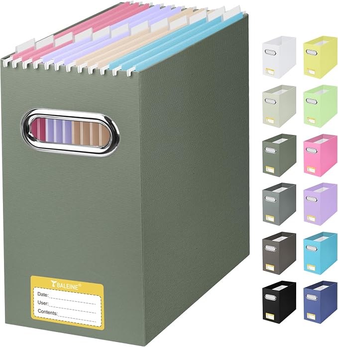 BALEINE 1PK File Organizer Box, Cardboard File Folder Organizer with Handle | Strong Corrugated Paper Core, Label Stickers for Identification, Hanging File Folder Organizer, Home Office Document Storage
