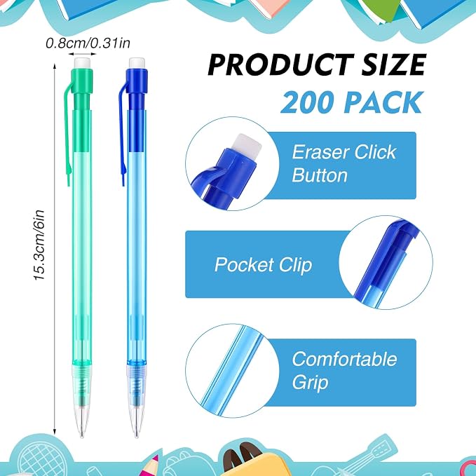 Fuyoooo 200 Pcs Mechanical Pencils 0.7mm Bulk with Eraser, 4 Color