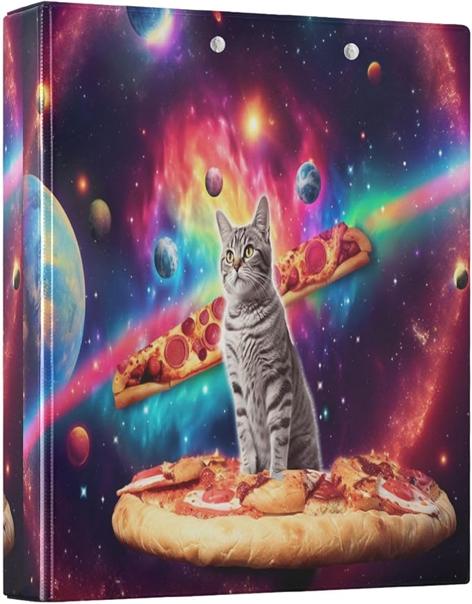 3 Ring Binder Cat Pizza Planets 1.5" Round Ring Binders View Binder with 200 Sheet for Women Men Office Kids School Supplies, 1 Pack
