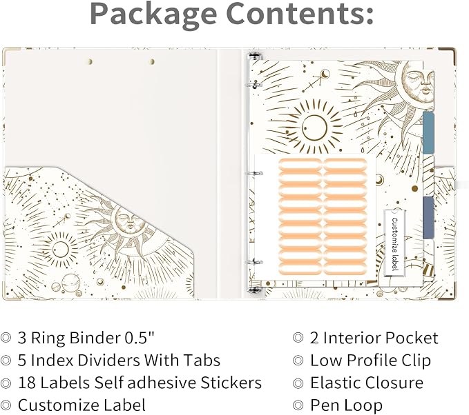 Ospelelf 3 Ring Binder, 1/2 Inch, Cute Letter Size (11" x 8.5") with 5 Tab Dividers, File Folder Labels and Low Profile Clipboards, Tarot Cards Binder for School and Office Supplies