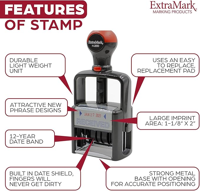Heavy Duty Style Office Date Stamp with Due by: - Self Inking Dater - Style C - Black Ink Color