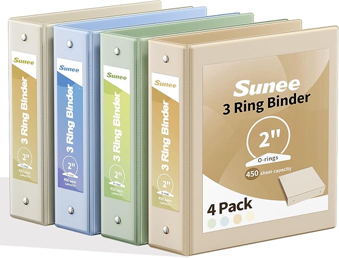 SUNEE 3 Ring Binder 2 Inch 4 Pack, Clear View Binder Three Ring PVC-Free (Fit 8.5x11 Inches) for School or Office Supplies, Neutral Aesthetic