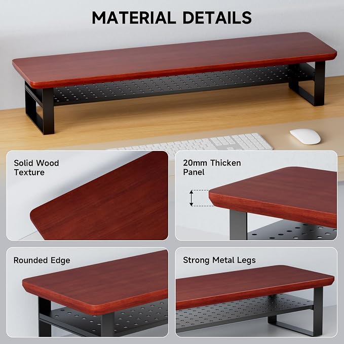 Dual Monitor Stand, 35.4 Inch Monitor Stand Riser for 2 Monitors, 2 Tiers Wood Desk Shelf with Storage, Desktop Organizer Stand for Computer, Laptop, Printer, TV