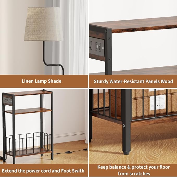 HavenlyYouth Floor Lamp with Table & Storage Baskets, End Table with 3 Color Temperatures LED Bulb, Nightstand with Charging Station, Shelves Side Table for Living Room, Bedroom, Office - Brown