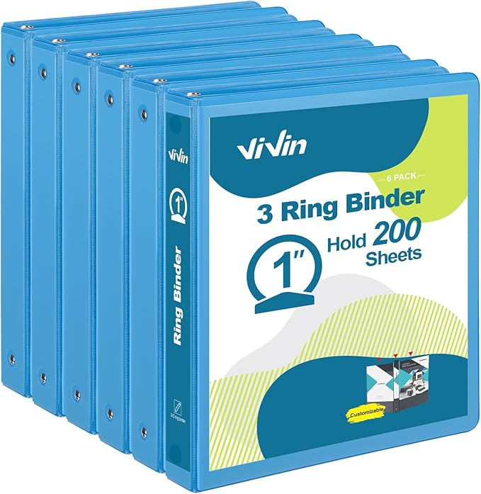 ViVin 1 Inch Round Ring View Binder for Durability, 6-Pack (Light Blue) | Standard 3 Ring Binder for 200 Sheets of US Letter Size Paper, PVC-Free, Clear View Cover, Office Home School Use
