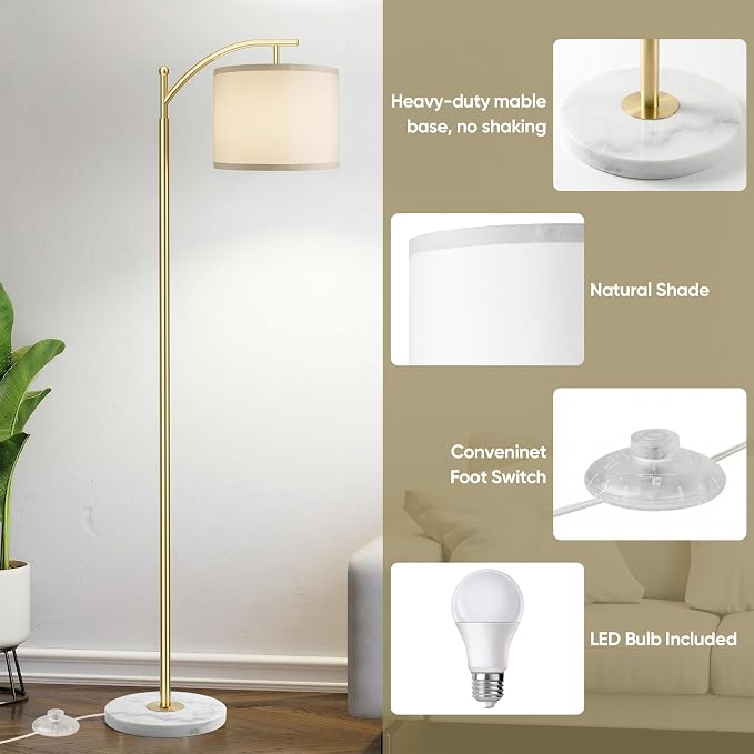 ROTTOGOON Gold Floor Lamp for Living Room with Marble Base, Modern Standing Lamp with 3 Color Temperatures Bulb & Adjustable Linen Shade, Tall Lamp for Bedroom Office Reading Nursery