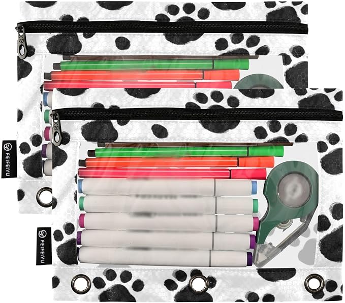Black Paws Print Pencil Pouch for 3 Ring Binder, 2 Pack Waterproof Pencil Bags Clear Window Pencil Case Zipper School Office Supplies