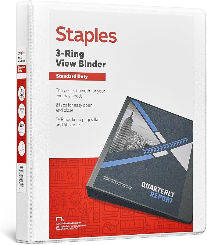 Staples 1-Inch D-Ring View Binder, White – Standard 3-Ring Binder for School, Office & Home Organization