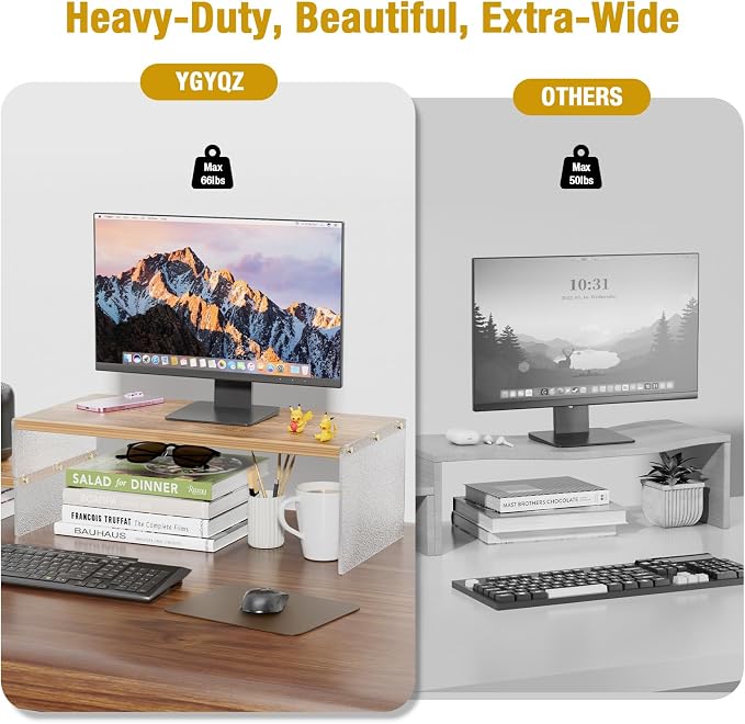 YGYQZ Adjustable Monitor Stand Riser, 9.4" ×19.3" Dual Monitor Desk Stand | Adjustable Monitor Riser, Expandable Desk Organizer, 2-Tier Storage, Acrylic Legs, Ergonomic Workspace, Wood Glacial Striae