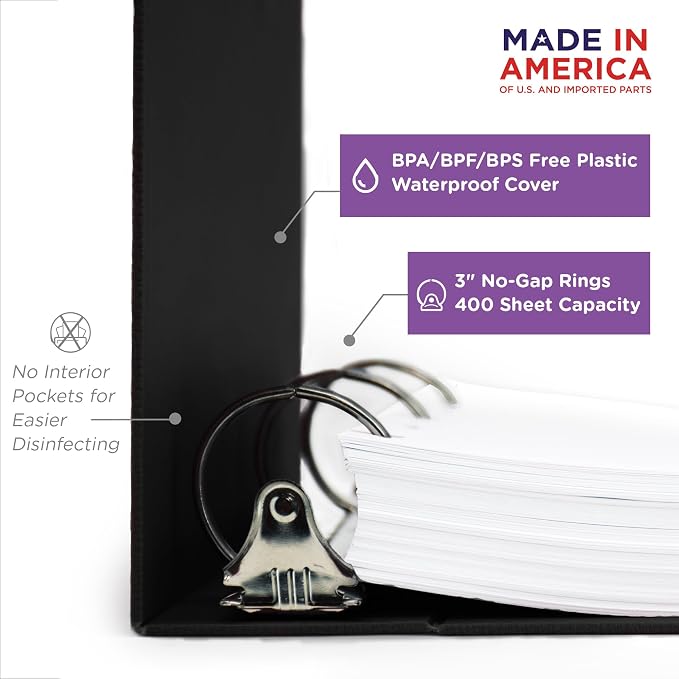 Carstens 3-Inch Heavy Duty 3-Ring Binder - Side Opening, Black, Durable Plastic, Precision No-Gap Rings, Waterproof Cover, No Pockets, Holds 400 US Letter Sheets, BPA-Free, Made in USA (1745-3R)