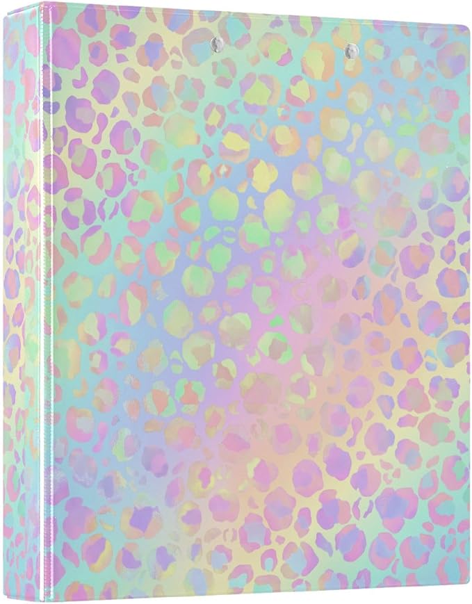 3 Ring Binder, Rainbow Leopard Print Neon File Folder Holds 200 Sheets File Storage for Women Men School Office Supplie
