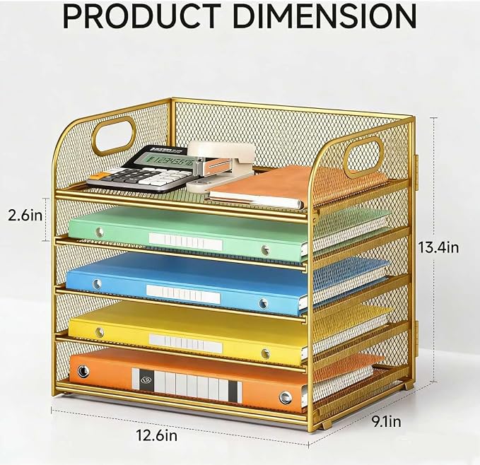 Lavatino Desk Paper Organizer Trays, Gold 5-Tier Mesh File Folder Sorter with Handles, Letter Holder Organizer for Office, Home, School Supplies Storage & Organization
