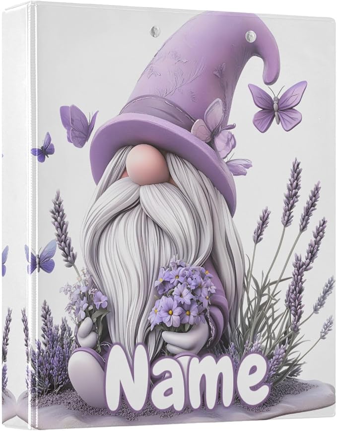 Custom 3 Ring Binder Gnome Purple Lavender Butterflies 1.5" Round Ring Binders Personalized Name View Binder with 200 Sheet for Kids School Supplies Women Men Office, 1 Pack