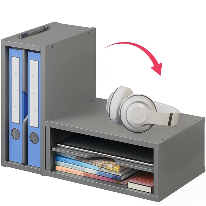 Ballucci File Organizer, 2-Tier Document Paper Sorter, Stackable Wood Desk Organizer Mail Holder, Monitor Stand with Storage Shelves, Gray