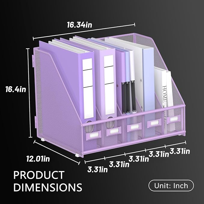 DALTACK 5-Slot Magazine File Holder, Metal Binder Holder, Purple | Iron Mesh Construction, Labeled Sections for Easy Sorting, Anti-Slip Feet, Binder and Folder Storage for Office, Classroom