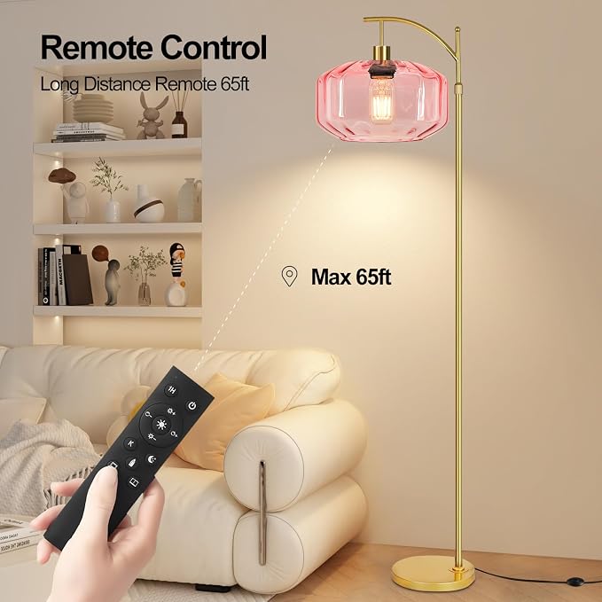 Gold Floor Lamps for Living Room Bedroom,Glass Floor Lamp with Remote Control & Pink Lampshade,Arc Dimmable Floor Lamp Mid Century Modern Standing Lamp Vintage Tall Floor Lamps for Bedroom Corner