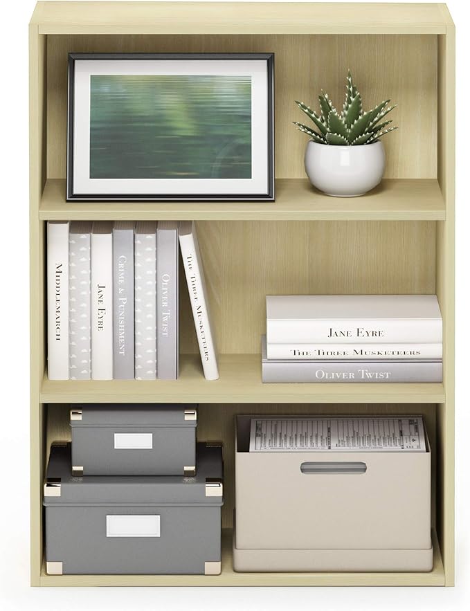 Furinno PASIR Book Shelf, 3-Tier Bookshelf, Storage Shelves Bookcase, 9.7 x 23.7 x 31.5, for Living Room, Bedroom, Home Office, Maple