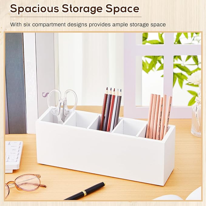 Jetec Wooden Pencil Pen Holder for Desk 5 Compartments Cosmetic Makeup Brush Stationery Office Desktop Organizers for Countertop Adjustable Silverware Caddy for Party, Art Supplies,Home(White)