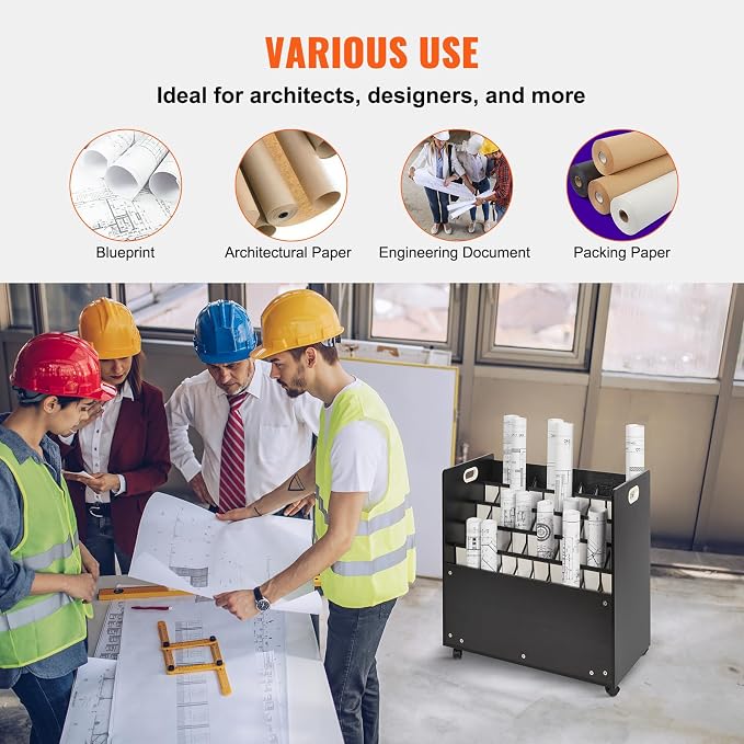 VEVOR Mobile Storage Cart, 50 Slot Wooden Roll File Organizer for Construction Plans, Maps, Posters, Architectural Blueprints - Home, Office, School