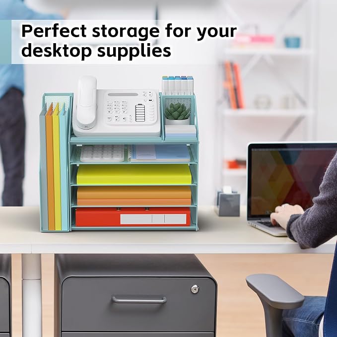 DocNest 5 Tier Metal Mesh Desk File Organizer with Phone Shelf, Blue | Desktop letter tray sorter features a 9.1x9.1 inch top phone holder, built-in sticky note compartment and pen holder