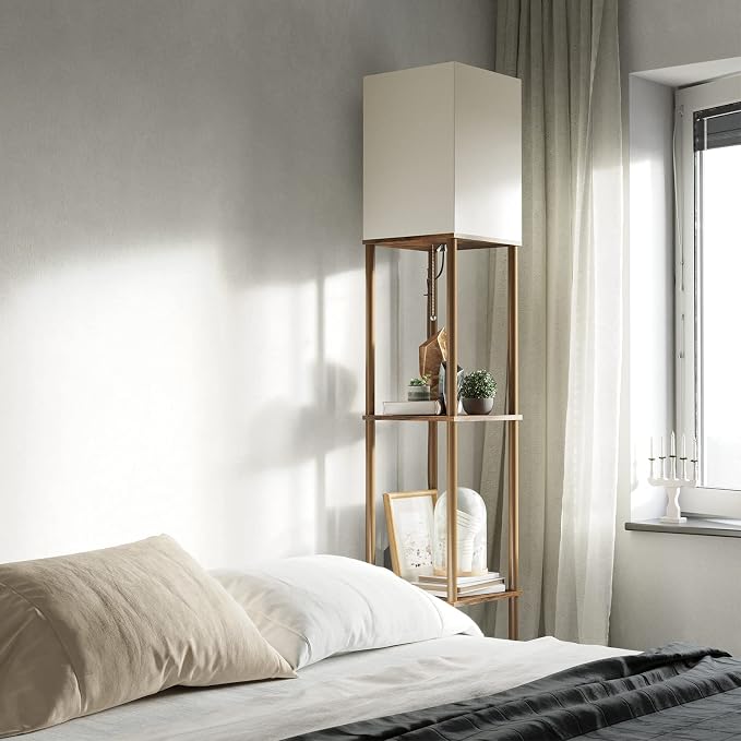 SUNMORY Floor Lamp with Shelves, Standing Lamps for Living Room, Brown | 3 CCT LED Bulb Include, 4-Tier Display Bookshelf, 63" Tall Corner Shelf Lamp, Modern Style for Bedroom, Office, Home Decor