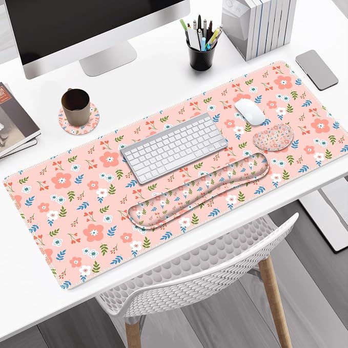 Large Gaming Mouse Pad Set, 4 in1 Ergonomics Keyboard Desk Mat with Memory Foam Wrist Rest, Computer Extended Game Mousepad, Non-Slip Desk Pad Matt Easy Typing Pain Relief I Retro Pastel Style