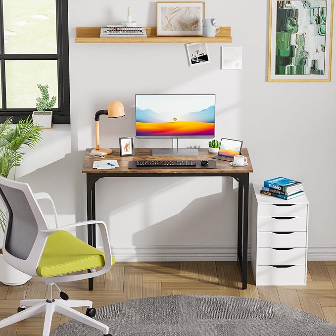 PayLessHere | 39 Inch Computer Desk | Brown | Sturdy Office Desk | Metal Frame, Adjustable Feet | Water-Resistant, Scratchproof Surface | Writing Table for Home Office or Study | Pack of 1