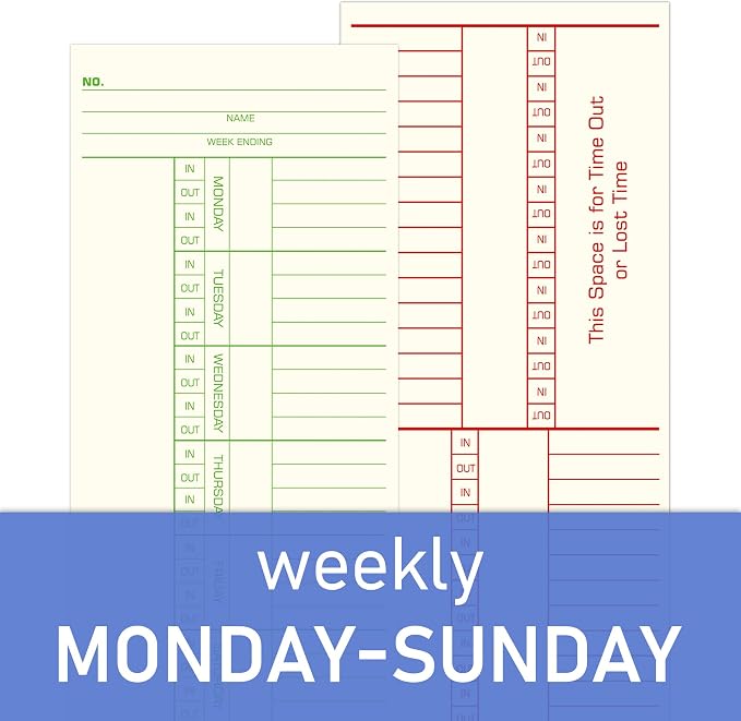 Weekly Time Cards 2-Sided, Named Days, 3-3/8" x 8-1/4", 1000-Count, Time Cards for Employees, Green/Red Print, Timecards for Time Clocks