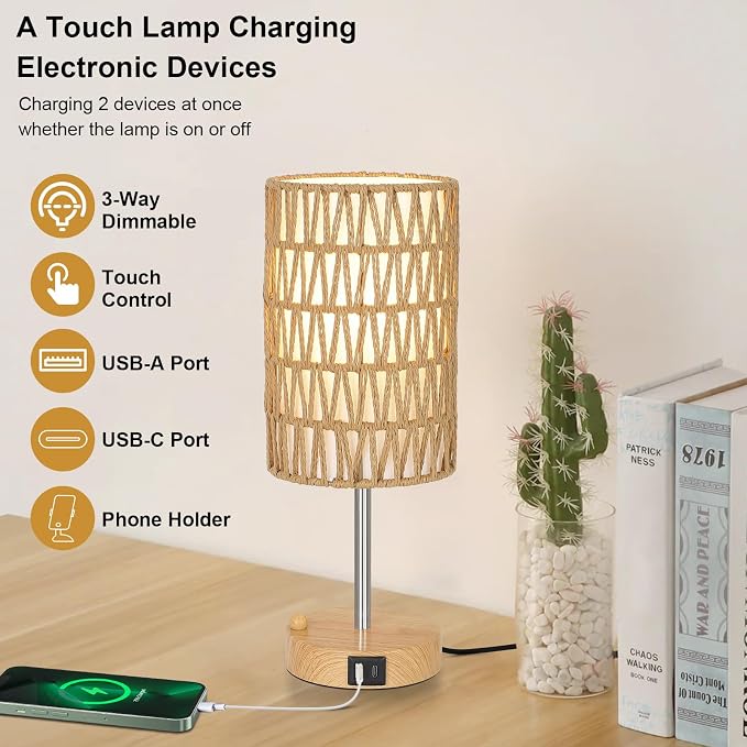 Boho Table Lamp for Bedroom with Bulb, Small Touch Control Table Lamp for Living Room with Rattan & Linen Shade, 3 Way Dimmable Bedside Lamp for Nightstand with USB Charging Port & Phone Stand