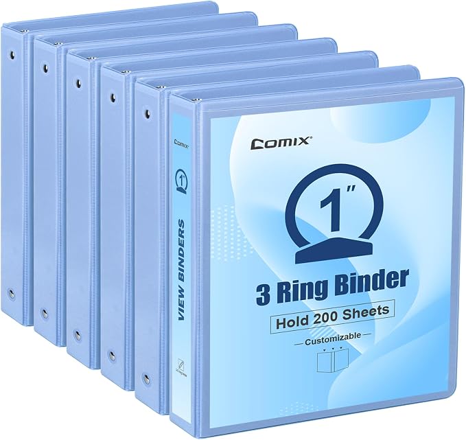COMIX Sturdy Standard 1 Inch 3 Ring Binder with Clear View Cover | 1"Round Ring,PVC-Free Board,Holds 200 Letter Sheets,Morandi Multicolor for Students & Office,6 Pack (Pale Blue)
