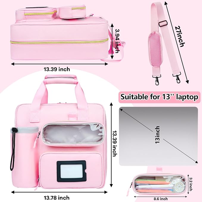 3 Inch D-Ring Zipper Binder Bag, 700 Sheet Capacity Multi-Pockets Organizer, 13 Inch Laptop Carrying Case with Bottle Holder& Shoulder Strap for School Office (Pink)
