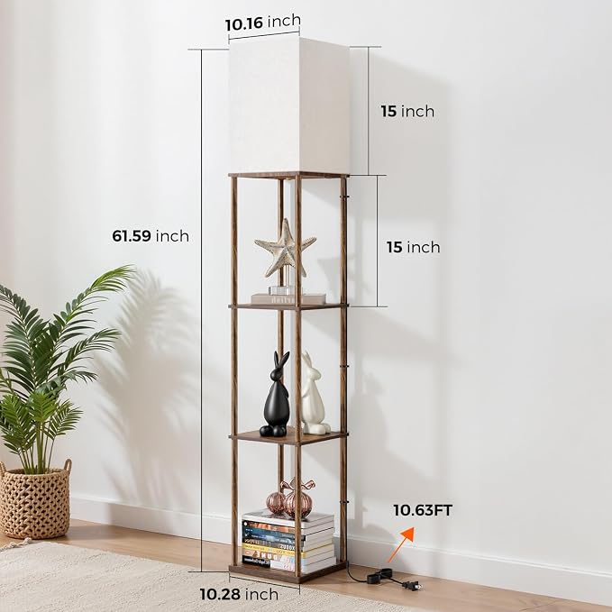 Floor Lamp with Shelves, 3-Tier Square Bookshelf Standing Lamp Rustic Brown | 3 Color Temperature Bulb Included, Modern Pull Chain Tall Lamp for Living Room Bedroom Corner Office Apartment Decor