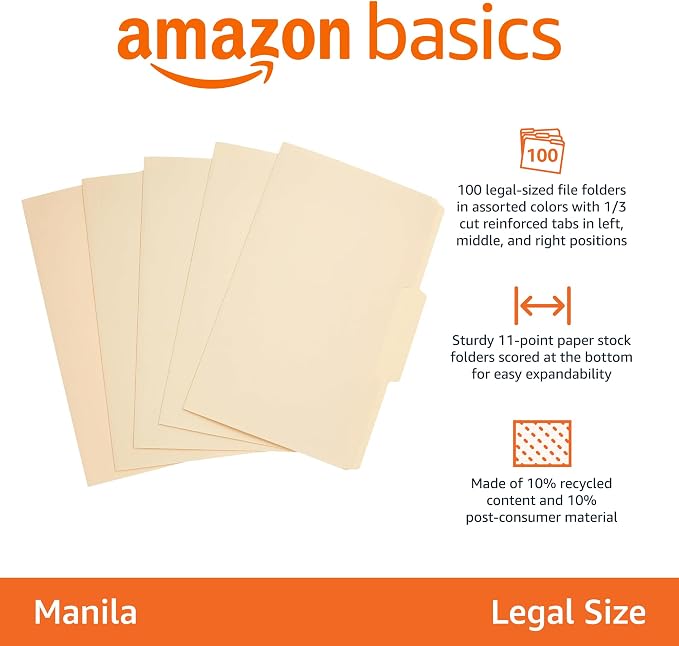 Amazon Basics Sturdy Manila File Folders, 1/3 Tabs in Assorted Positions for Filing and Easy Labeling, Legal Size, 8.5 x 14 inch, 100-Pack