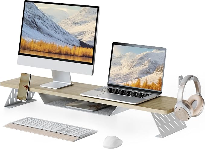 Fenge Dual Monitor Stand, Wooden Desk Shelf with Headphone & Phone Holder | 42.5" Monitor Riser with Storage Shelf, 2-Tier Monitor Shelf with Metal Leg for Home Office Organizer, Oak