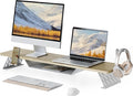 Fenge Dual Monitor Stand, Wooden Desk Shelf with Headphone & Phone Holder | 42.5" Monitor Riser with Storage Shelf, 2-Tier Monitor Shelf with Metal Leg for Home Office Organizer, Oak