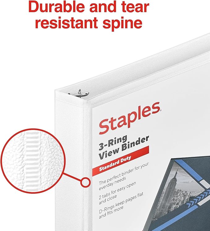 Staples 1-Inch D-Ring View Binder, White – Standard 3-Ring Binder for School, Office & Home Organization