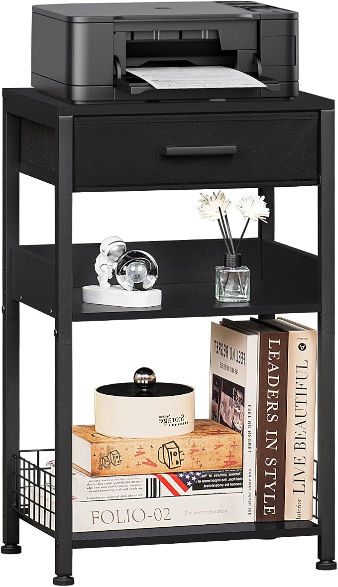Lerliuo 3-Tier Printer Stand with Fabric Drawer and Shelves, Pure Black | Three-tier printer stand with fabric drawer and two shelves for paper, office supplies, scanners and fax machines
