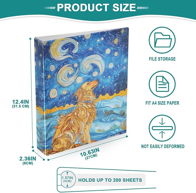 Golden Retriever Starry Night 3 Ring Binder with 2 Interior Pockets 1.5 inch Binders 3 Ring Heavy Duty Fit 8.5" x 11" Letter Size for Office School, 2 Pack