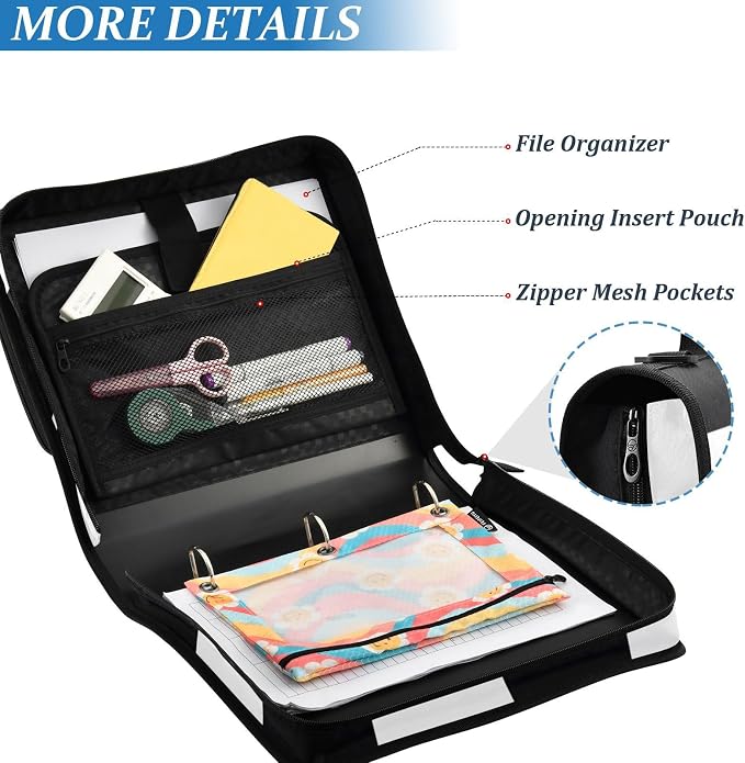 Checked Pattern Zipper Binder 3 Ring Binder with Shoulder Strap 500 Sheet Capacity Storage Organizer Trapper Keeper File Folder