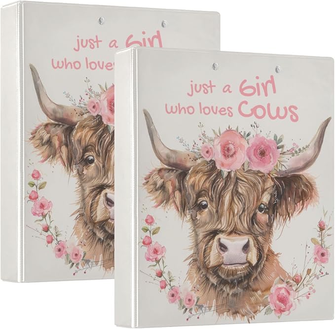 Highland Cow Binders 1.5 Inch Ring Binders A4 Paper Size Cute Decorative Hardcover with Interior Pockets&3 Rings Pink Floral Binder Organizer for Home School Office Supplies