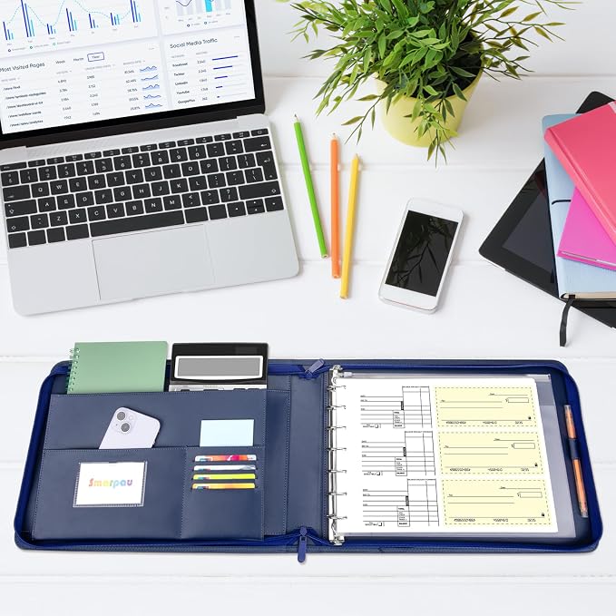 Smarpau 7 Ring PU Leather Check Binder with Zipper Pouch, Holds 600 Checks, Executive Size for 9 13 Inch Sheets, Blue
