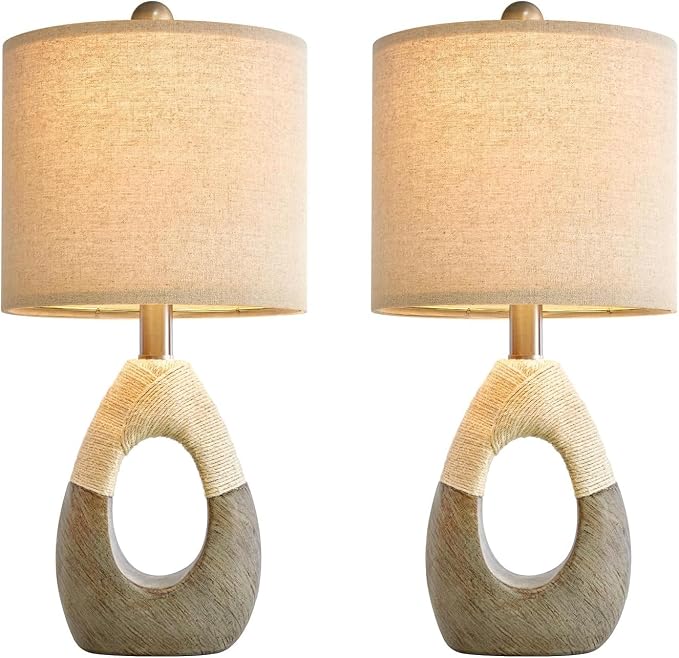 19” Boho Table Lamps Bedroom Living Room Set 2,Suitable for Small Space,Small Farmhouse RattanTable Lamp Rustic Egg Design Resin Light Decoration,Nightstand Bedside Lamps for Office Study Rest