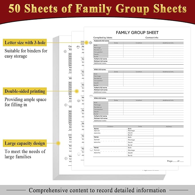 Family History Binder 3 Ring 50 Families Group Sheets 8th Generation Family Tree Chart 16 Sheets Genealogy Binder Burgundy Cover Genealogy Organizer Supplies with Pen Loop Pocket for Families History