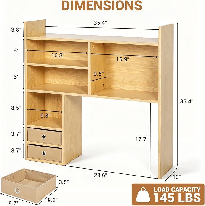 deli Desktop Bookshelf, High-Capacity Desk Hutch Organizer, Natural | with 7 Shelves and 2 Drawers for Computer Desk, Desk Shelf Organizer for Dorm Office Home