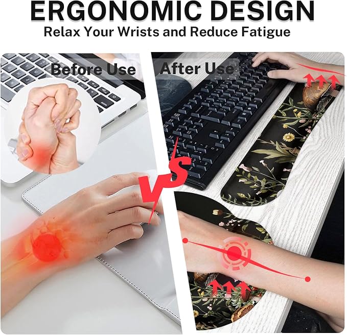 Keyboard Mouse Pad Set, 4 in 1 Desk Mat Set, Black Mushroom Flora | Large Mousepad+Keyboard Wrist Rest+Mouse Wrist Rest+Coaster Ergonomic Design for Home Office Computer